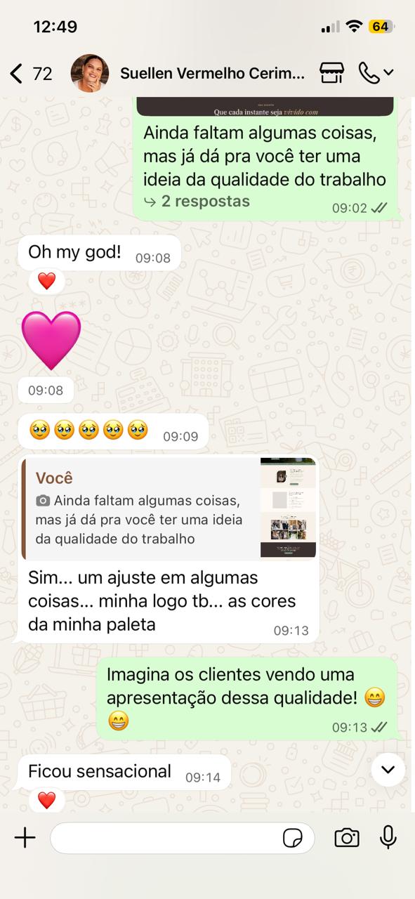 Depoimento de cliente pelo WhatsApp elogiando a qualidade do trabalho.