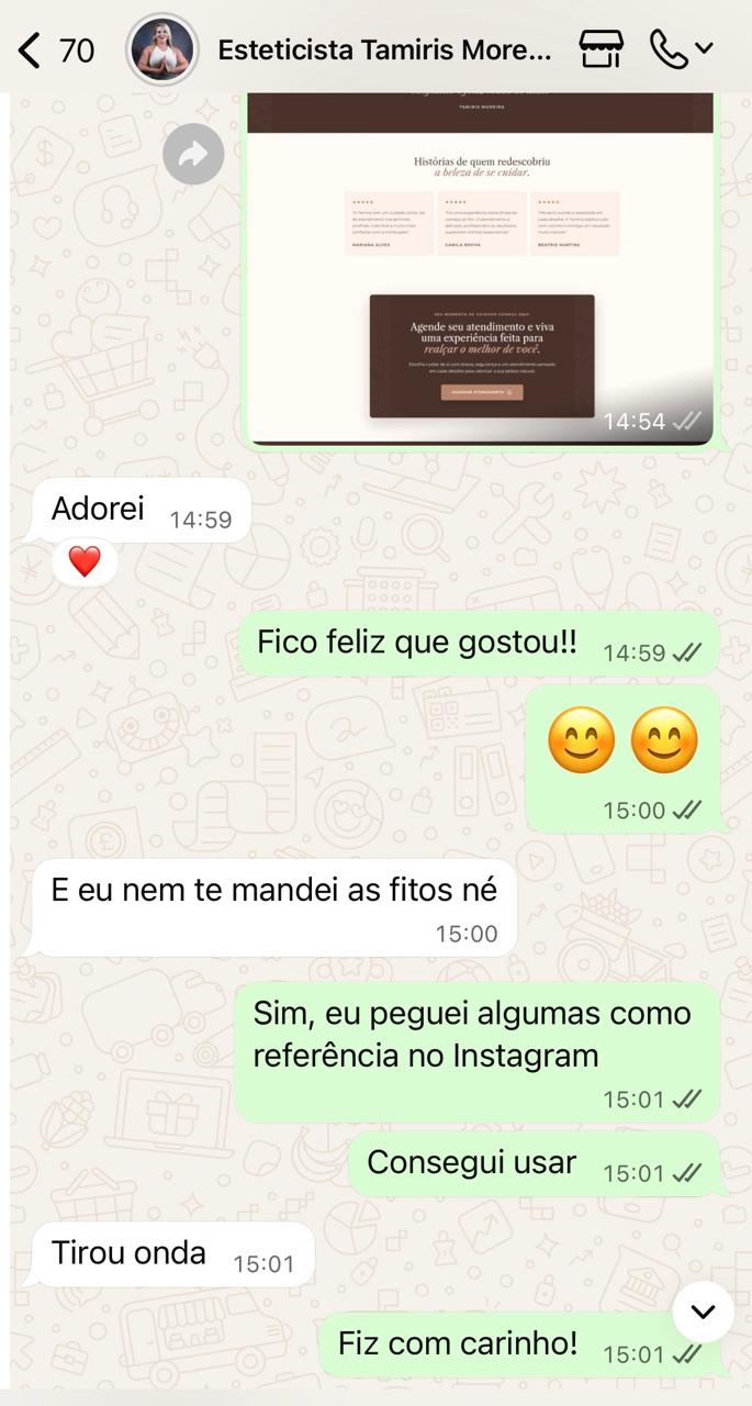 Depoimento de cliente pelo WhatsApp dizendo que adorou o projeto.