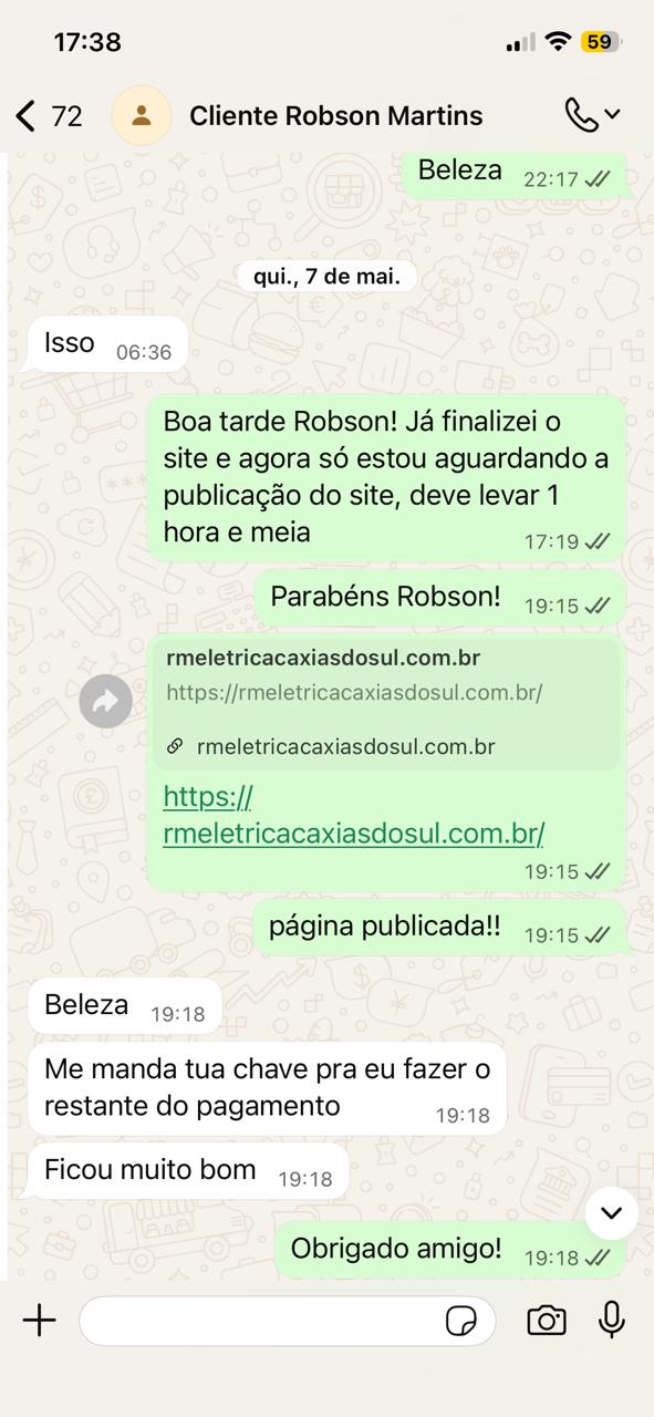 Depoimento de cliente pelo WhatsApp dizendo que o site ficou muito bom.