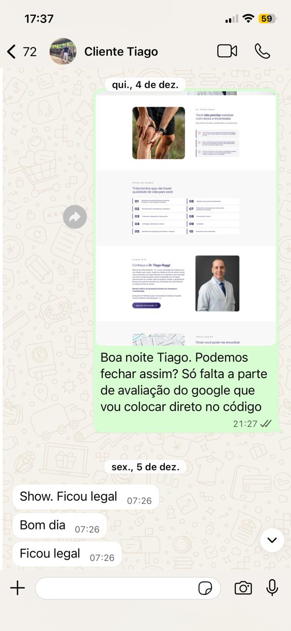 Depoimento de cliente pelo WhatsApp dizendo que o site ficou legal.